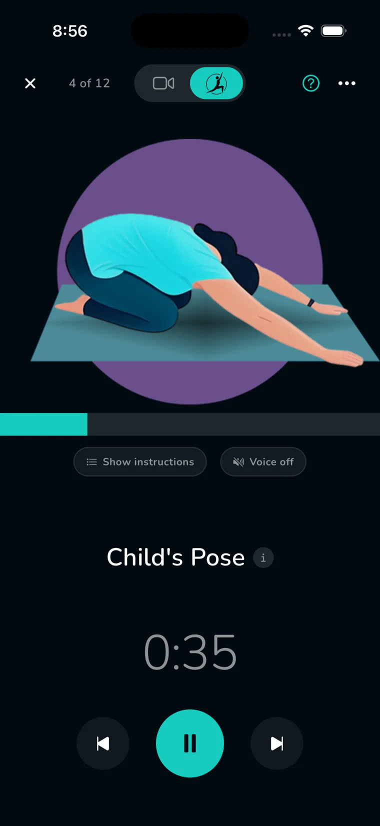 The Reach player in minimal mode on Child's Pose: a large illustration, the timer, and nothing else