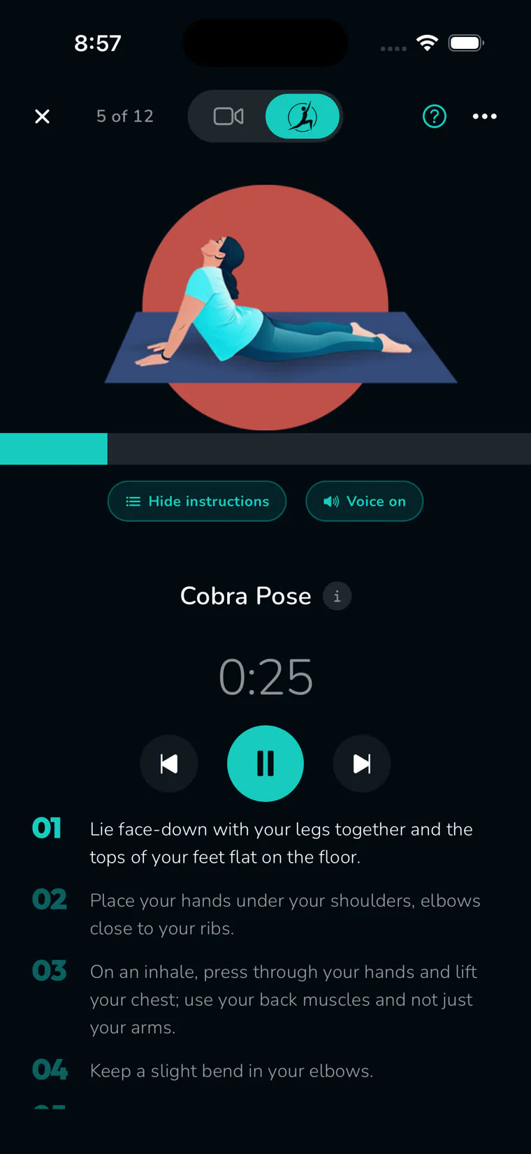 The Reach player on Cobra Pose with voice on and numbered written instructions below the timer